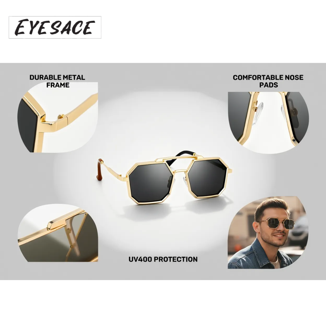 Eyesace® Commando Gold Black Edition Octagon/Hexagon Full Metal Sunglasses