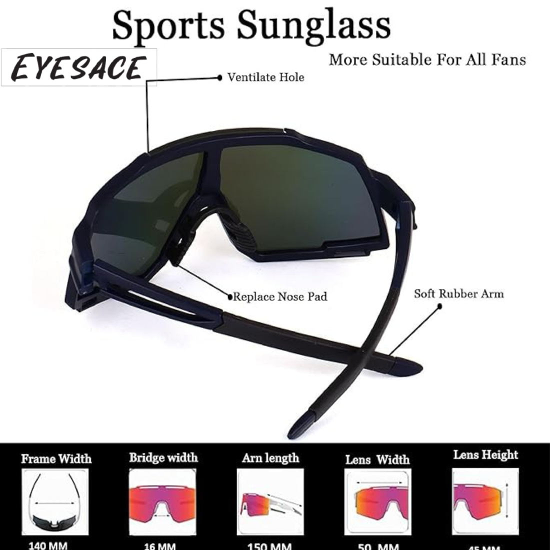 Polarized Sports Sunglasses for Unisex Youth IPLCricket Baseball Fishing Cycling Running Golf Mountain Bike Goggles Glasses UV400 Protection | Sport Sunglasses Cycling MTB Running Ski Golf Sport Sunglasses Removable Sport Prescription Glasses By Eyesace®