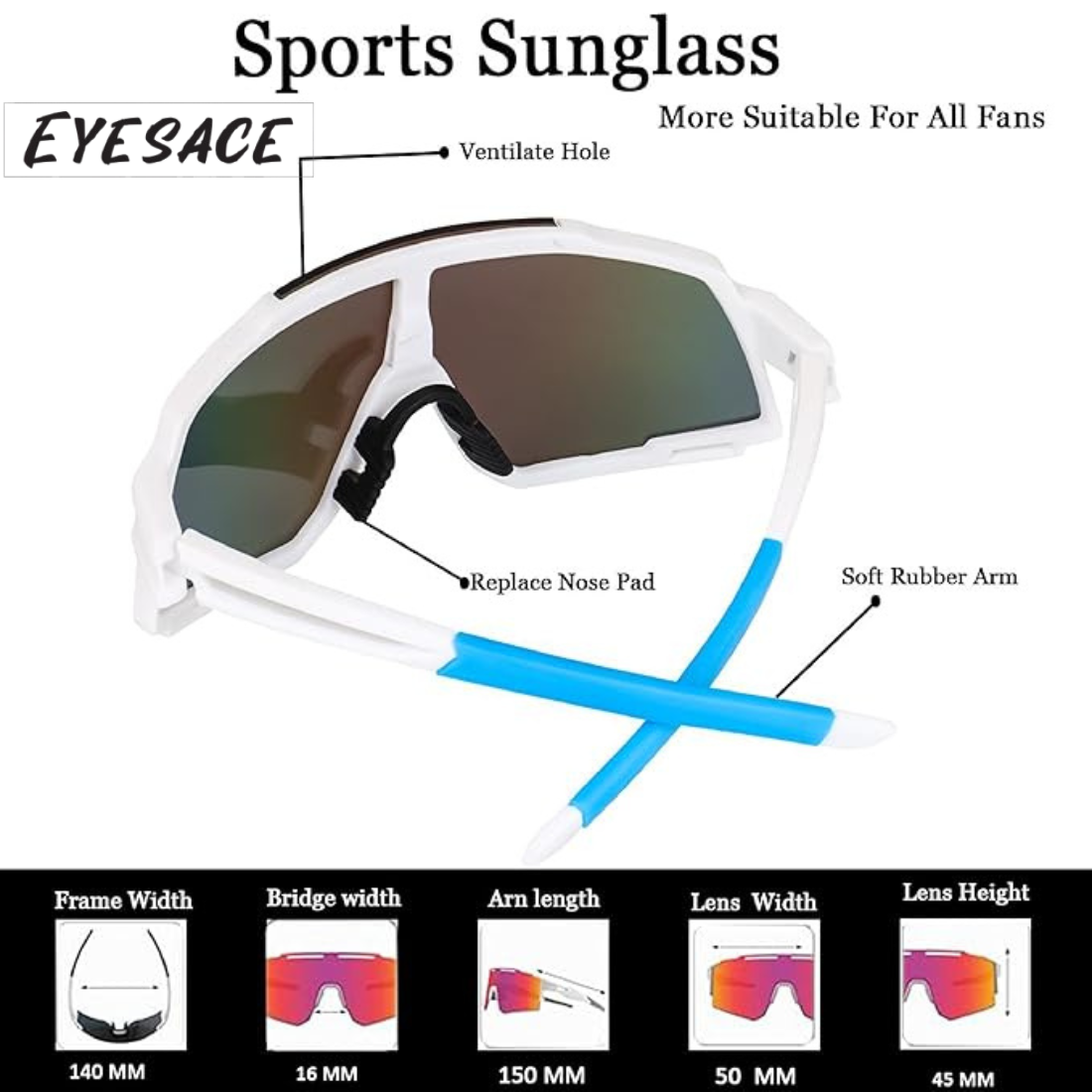 Polarized Sports Sunglasses for Unisex Youth IPLCricket Baseball Fishing Cycling Running Golf Mountain Bike Goggles Glasses UV400 Protection | Sport Sunglasses Cycling MTB Running Ski Golf Sport Sunglasses Removable Sport Prescription Glasses By Eyesace®